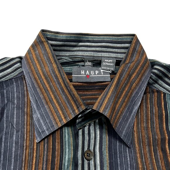 HAUPT Button Up Shirt Mens 16.5 L Germany Striped Long Sleeve Cotton Blue Brown - Picture 4 of 6